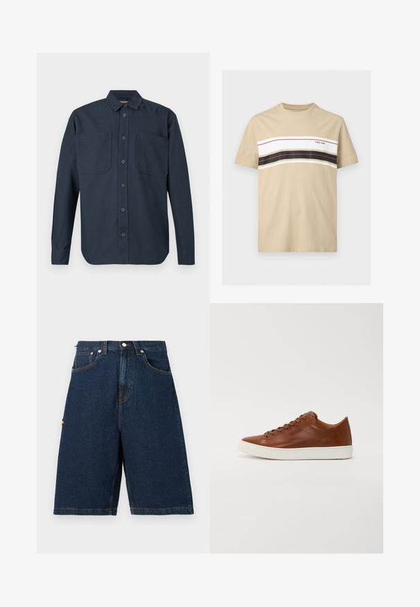 Dunkelblaues, langärmeliges Hemd mit Knopfleiste, zwei großen Brusttaschen und klassischem Kragen, vor weißem Hintergrund dargestellt.; Beiges kurzärmeliges T-Shirt mit horizontalen weißen, schwarzen und roten Streifen über der Brust und dem Schriftzug "PIER ONE" auf der rechten Seite.; Dunkelblaue Denim-Shorts mit lockerer Passform, ausgestattet mit zwei vorderen Taschen und einer einzelnen Gesäßtasche, abgerundet mit orangefarbenen Nähakzenten.; Braunes Leder-Sneaker mit runder Zehe, weißer Gummisohle und klaren Linien. Verfügt über eine Schnürung und dezente Markierung an der Seite.