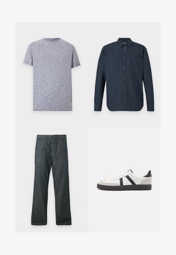Chemise boutonnée à manches longues, de couleur bleu marine foncé, avec deux grandes poches poitrine et un col classique, présentée sur un fond blanc.; T-shirt à manches courtes col rond avec fines rayures horizontales bleu marine et blanches et une petite étiquette rectangulaire près de l’ourlet.; Pantalons ample gris foncé avec des rayures verticales, grandes poches avant à rabat, passants de ceinture et fermeture éclair à l'avant.; Baskets blanches avec des accents noirs et gris, présentant un embout texturé gris, une semelle en caoutchouc noir et des lacets plats blancs. Design épuré, style minimaliste.