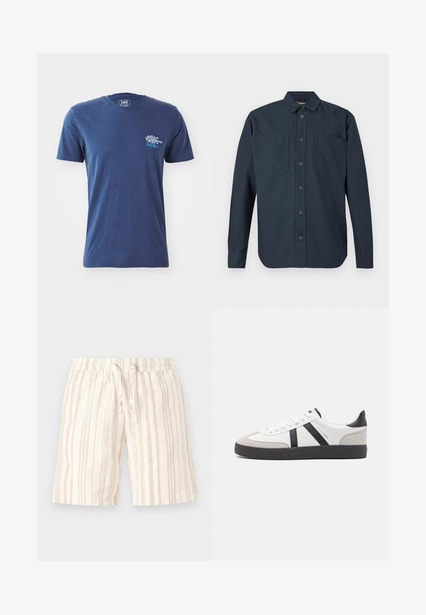 Dunkelblaues, langärmeliges Hemd mit Knopfleiste, zwei großen Brusttaschen und klassischem Kragen, vor weißem Hintergrund dargestellt.; Dunkelblaues Baumwoll-T-Shirt mit kurzen Ärmeln, rundem Ausschnitt und einem grafischen Design eines Hands sowie Text im Bereich der linken Brust.; Helle beige Shorts mit vertikalen Streifen in unterschiedlichen Schattierungen. Sie verfügen über einen elastischen Bund und einen Kordelzug zur Anpassung. Weicher, strukturierter Stoff.; Weiße Sneaker mit schwarz- und grau-aczenten, ausgestattet mit einer strukturierten grauen Zehenkappe, schwarzer Gummi-Sohle und flachen weißen Schnürsenkeln. Sauberes Design, minimalistische Stil.