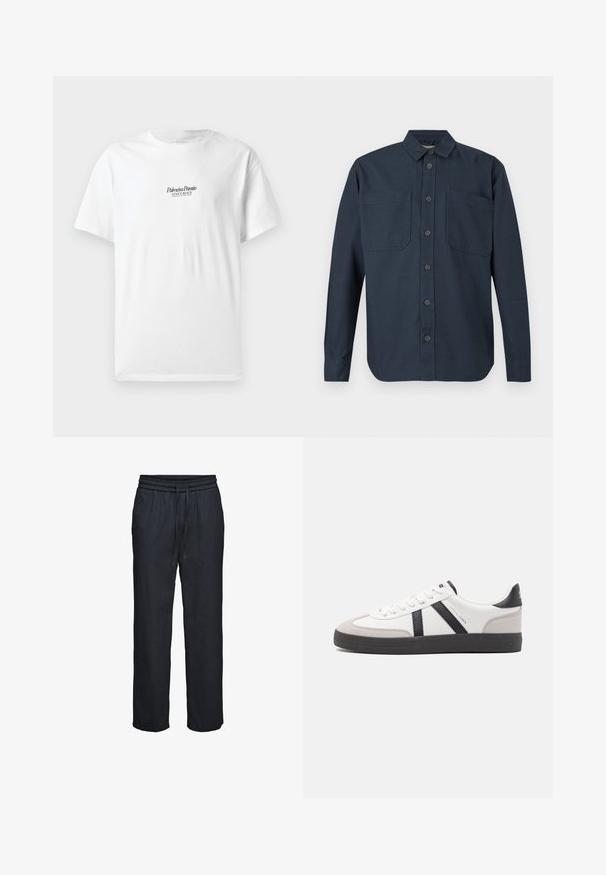 Donkerblauw overhemd met lange mouwen, knoopsluiting, twee grote borstzakken en een klassieke kraag, weergegeven tegen een witte achtergrond.; Witte katoenen T-shirt met korte mouwen, voorzien van de tekst "Palmiera Pantó" en "VENICE BEACH" in zwarte letters op de voorkant.; Zwarte losse broek met elastische tailleband en aantrekkoord, rechte pijpen, gemaakt van lichtgewicht stof.; Witte sneaker met zwarte en grijze accenten, voorzien van een grijze neus met textuur, zwarte rubberen zool en platte witte veters. Schoon ontwerp, minimalistische stijl.