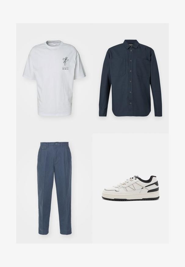 Camisa abotonada de manga larga de color azul marino oscuro con dos grandes bolsillos en el pecho y un cuello clásico, mostrada sobre un fondo blanco.; Camiseta de algodón blanca con mangas cortas, que presenta un gráfico frontal de un diseño floral y detalles de texto debajo de la ilustración.; Only & Sons ONSPALE NEW LOOSE PANT - Pantalones - dark slate; Zapatilla de cuero blanca con un acento en el talón negro, suela texturizada y detalles de costura. Cuenta con un cierre de cordones en la parte delantera y rayas en los laterales.