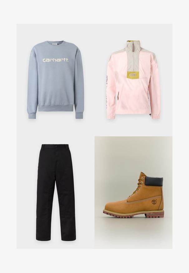 Veste-pull rose clair et beige avec fermeture éclair frontale sur moitié, col montant, poches latérales zippées, et logo Columbia sur le panneau de la poitrine.; Sweatshirt Carhartt bleu clair à col rond, manches longues avec poignets et ourlet côtelés, arborant le nom de la marque brodé en blanc sur la poitrine.; Pantalons noirs en tissu robuste, avec une coupe décontractée, des jambes larges, des poches avant et des détails renforcés aux genoux.; Bottine en cuir marron avec col noir, lacets jaunes et semelle beige. Présente un logo et des détails de couture blanche. Semelle extérieure à traction robuste.