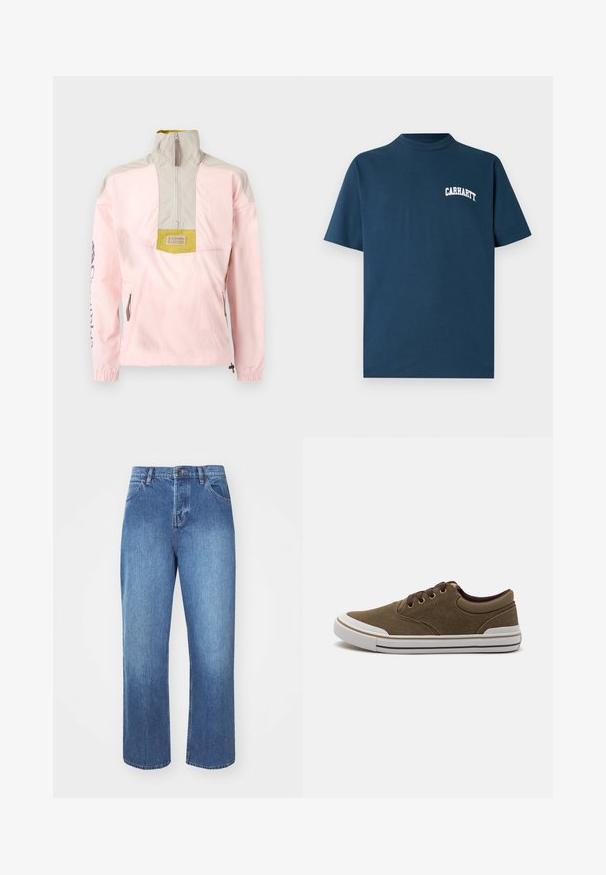 Lichtroze en beige pulloverjack met halve voorrits, opstaande kraag, ritssluitingen opzij en Columbia-logo op het borstpaneel.; Marineblauw katoenen T-shirt met korte mouwen en een ronde hals. Heeft een wit "Carhartt" logo gedrukt op de linkerborst.; Denim jeans in medium blue, met een rechte pijp, traditionele vijf-pocketstijl en een klassieke knoop- en ritssluiting.; Bruine suède sneakers met een witte rubberen zool, met bruin veters en oogjes, een ronde neus en een laag profiel ontwerp met minimale strepen.