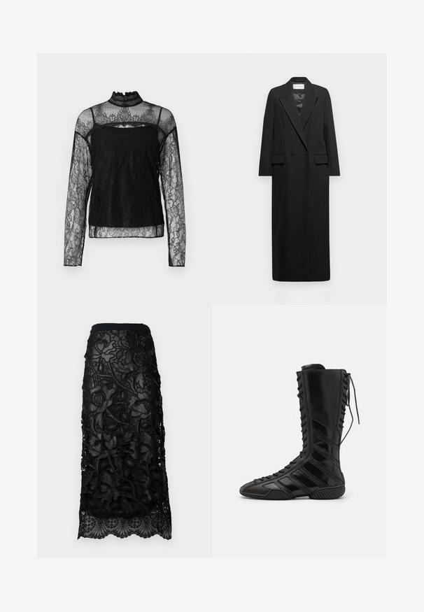 Manteau long noir croisé avec col à revers, deux poches à rabat à l'avant et manches longues, suspendu sur un fond blanc.; Haut en dentelle noir à manches longues avec col haut, motif floral complexe, tissu transparent et panneau solide sur la zone de la poitrine.; Jupe en dentelle noire avec une broderie florale délicate, une taille ajustée et un ourlet festonné. Superposition transparente avec des détails texturés.; Bottes montantes noires en matériau synthétique brillant, présentant un design de laçage sophistiqué et des accents de rayures diagonales sur les côtés.