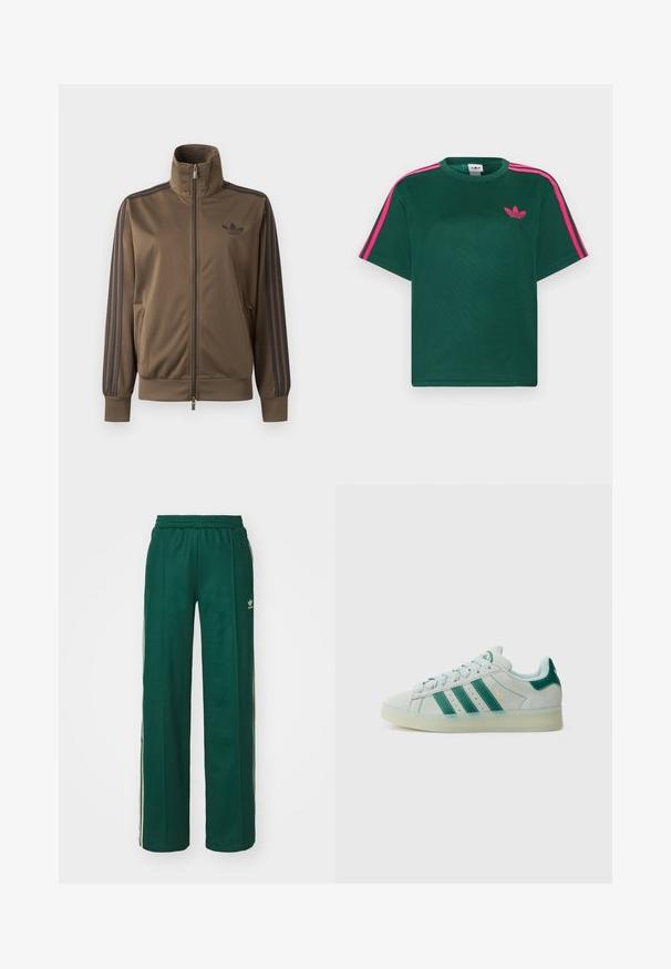 Brun løbejakke med lynlås, høj krave, mørke tre-stribe detaljer på ærmerne og Adidas-logo på venstre bryst.; Grøn kortærmet t-shirt med lyserøde striber på skuldrene og Adidas trefoil-logo på brystet.; Mørkegrønne træningsbukser med en afslappet pasform, der har snor i taljen, sidelommer og cremefarvede striber langs siderne.; Lysegrå ruskindssneaker med mørkegrønne striber og hælkappe, gennemsigtig sål, snørebånd og "CAMPUS" tekst i guld på siden.
