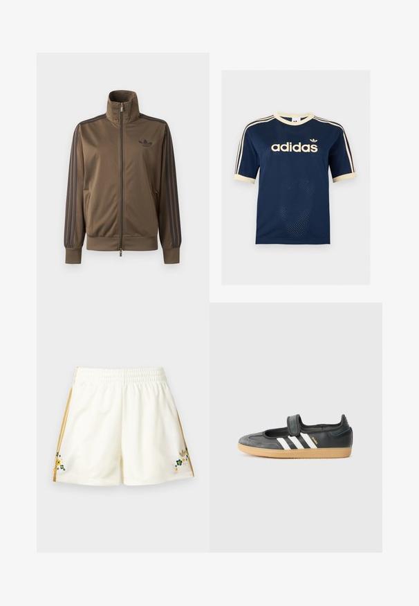 Bruine trainingsjas met rits, hoge kraag, donkere drie-strepen details op de mouwen en Adidas-logo op de linkerborst.; Marineblauw Adidas mesh T-shirt met korte mouwen, crèmekleurige afwerking, drie crèmekleurige strepen op de mouwen en Adidas-logo op de borst.; Roomkleurige sportkorte broek met gouden strepen aan de zijkanten en kleine geborduurde groene, gele en witte bloemen nabij de zoom aan beide zijden.; Zwarte leren en suède sneaker met een klittenbandsluiting, voorzien van drie witte strepen en een gumzool, met de naam "SAMBA" aan de zijkant.