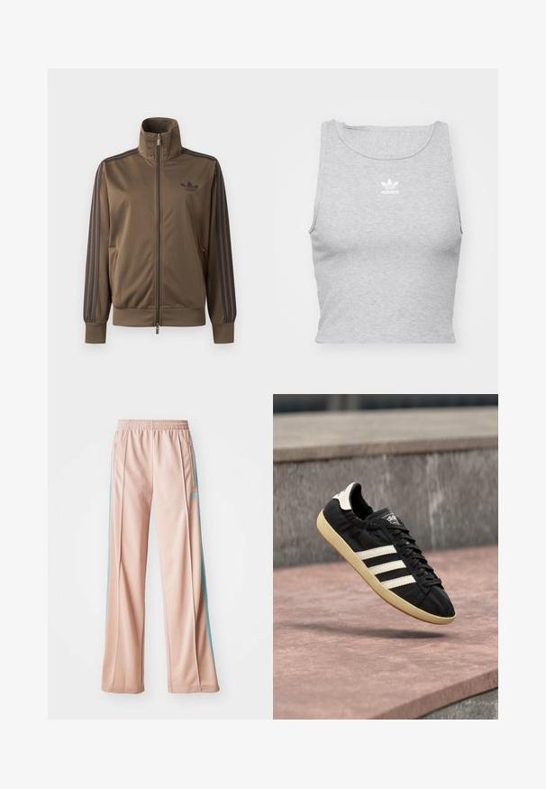 Braune Zip-Up-Trainingsjacke mit hohem Kragen, dunklen Drei-Streifen-Details an den Ärmeln und Adidas-Logo auf der linken Brust.; Graues, ärmelloses Crop-Top aus weichem Stoff, mit Rundhalsausschnitt und kleinem weißen Adidas-Logo auf der Brust.; Helle rosa Sporthosen mit entspannter Passform, ausgestattet mit blauen Seitenstreifen und einem Kordelzugbund. Hergestellt aus glattem, leichtem Stoff.; Schwarzer Adidas-Sneaker mit weißen Streifen und beiger Sohle, in der Luft über einer steinernen Oberfläche und mit Steinwand im Hintergrund aufgenommen.