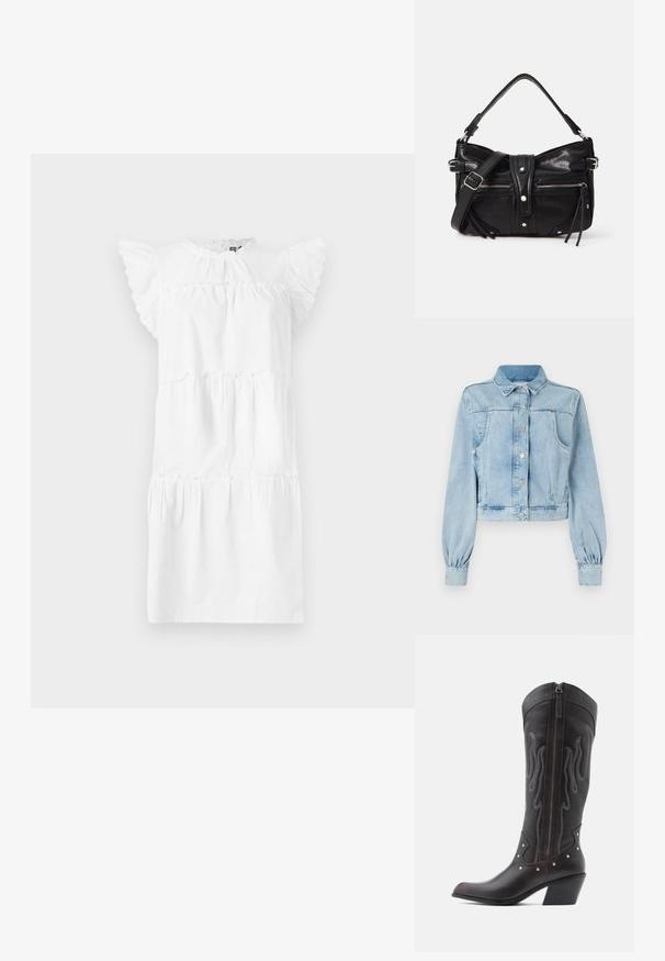 Hele sinine lühike denim-jakk nööbiga esiküljel, krae, kaks rinna taskut ja kogutud varrukad. Pehme tekstuur ja klassikaline disain.; Valge mitmetasandiline kleit lühikeste volangvarrukatega, ümmarguse kaelusega ja kokku pandud rinnaga. Valmistatud kergest kangast, millel on sile tekstuur.; Pruunid nahast kootsasaapad leegitikkimisega, küljes lukk, hõbedased naelad, terav nina ja paks konts.; Even&Odd H24462 - Käekott - black