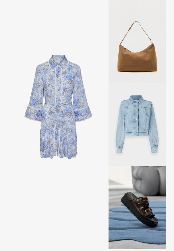 Hele sinine lühike denim-jakk nööbiga esiküljel, krae, kaks rinna taskut ja kogutud varrukad. Pehme tekstuur ja klassikaline disain.; Sinine lillemustriga kleit, millel on kraega kaelus, puffi varrukad, pitsist ääris ja vöödiga talje. Omab mitmetasandilist volangide detaili seelikut.; Pruun nahast libistussandaal kahe reguleeritava hõbedase pandlaga mustal platvormpõhjal, mis on asetatud tekstuurse sinise vaiba peale.; Pruun seemisest õlakott ühe rihma ja pealmise tõmblukuga, esitatud tavalise valge tausta ees.