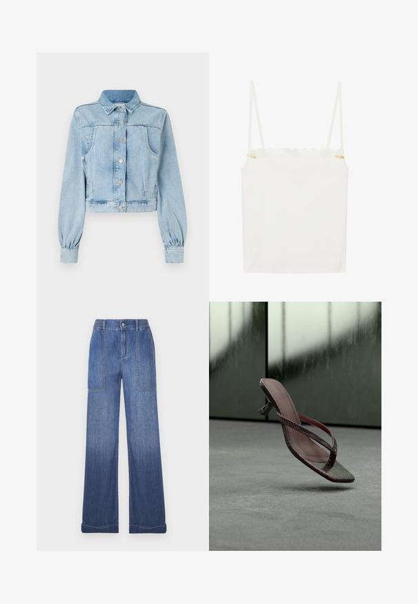 Lyseblå, cropped denimjakke med knaplukning foran, krave, to brystlommer og samlede ærmer. Blød tekstur og klassisk design.; Hvid camisole-top med tynde stropper, der har en bølget blondeudskæring og en lille blomsterdetalje på siden. Glat tekstur, enkel design.; Blå denimbukser med vide ben og elastisk taljebånd, to forlommer og kontrastsyninger. Stoffet har en let falmet tekstur.; Brun højhælet sandal med slangeskindstekstur og tynde stropper, ophængt over gråt tæppegulv mod en mørk sløret baggrund.