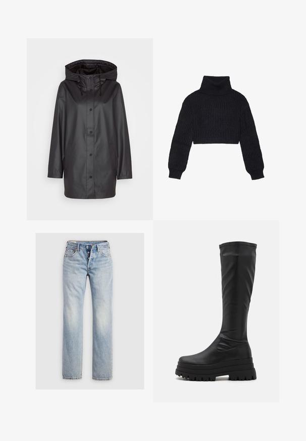 Sort vandtæt regnjakke med hætte, trykknapper, forreste lommer og en glat, blank tekstur. Designet til beskyttelse mod vejret.; Afklippet sort sweater med høj halsudskæring, der har et struktureret ribbet mønster og lange, puffede ærmer.; Lysblå denim jeans med lige ben, fem-knap lukning og baglommer med diskret stikning.; Even&Odd Plateaustøvler - black