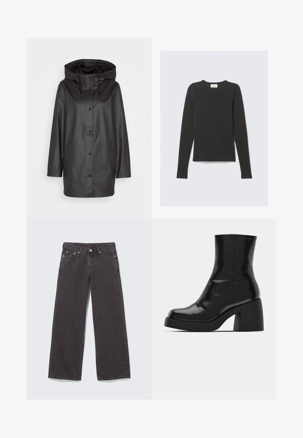 Schwarze wasserdichte Regenjacke mit Kapuze, Druckknöpfen, Fronttaschen und einer glatten, glänzenden Textur. Entworfen zum Schutz gegen die Witterung.; Schwarzes Langarmshirt mit Rundhalsausschnitt und schlanker Passform, liegend auf einem hellgrauen Hintergrund.; Schwarze Jeans mit weitem Bein aus Denim, ausgestattet mit Kupfernieten, fünf Taschen und einem Knopfverschluss. Weiche, robuste Textur, mit einem geraden Schnitt von der Taille bis zum Saum.; Schwarze Stiefeletten mit glänzender Oberfläche, quadratischer Zehenpartie und dicker Blockabsatz. Das Design zeichnet sich durch eine nahtlose Silhouette und minimalistische Markenkennzeichnung aus.