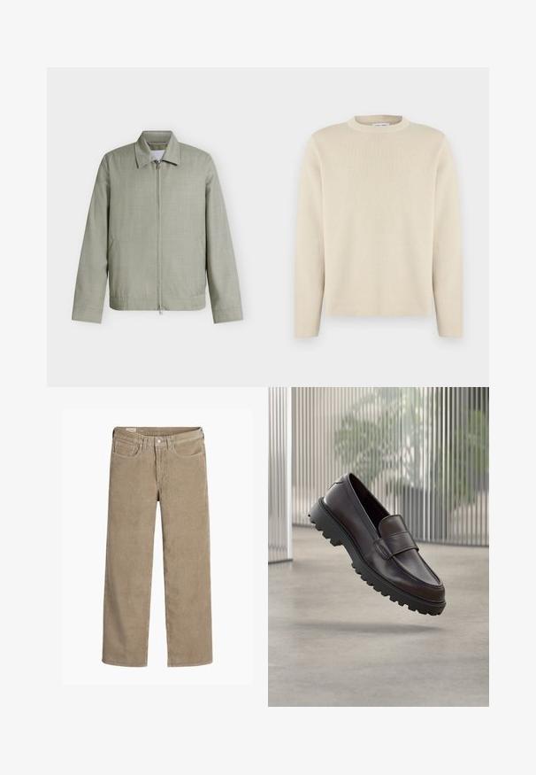 Lichtgrijs jack met ritssluiting, kraag, lange mouwen en zijzakken, afgebeeld op een effen witte achtergrond.; Beige trui met lange mouwen en ronde hals, voorzien van een subtiel klein logo op de linkerborst, weergegeven op een effen witte achtergrond.; Lichtbruine corduroy broek in een wijd model, met een knoop- en ritssluiting, vijf zakken en een zachte, ribbeltextuur.; Bruine leren instapschoen met een afgeronde neus en een stevige zwarte rubberen zool. Voorzien van een decoratief bandje over de wreef.