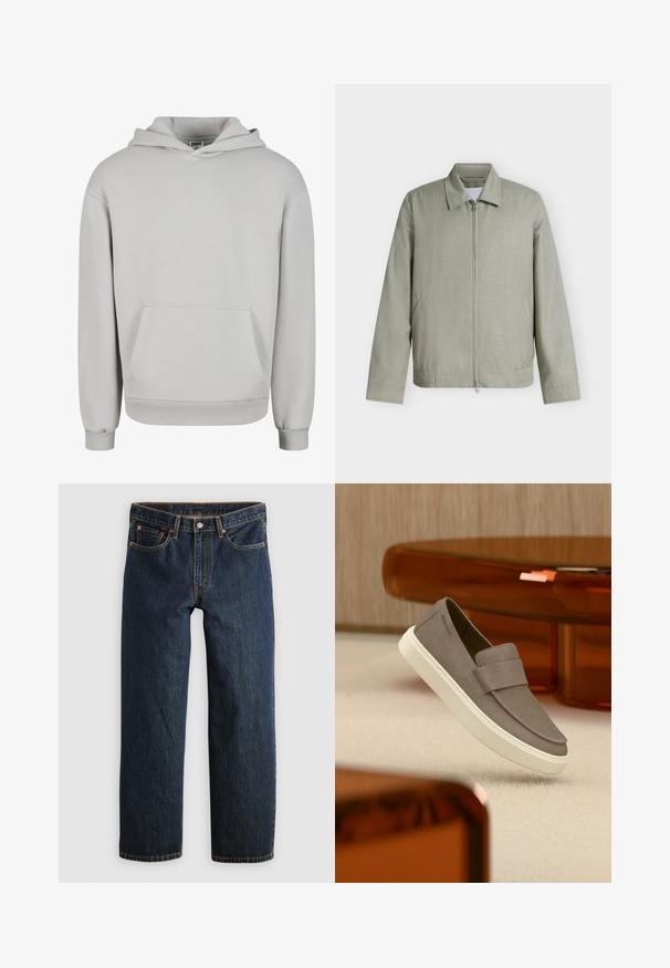 Veste gris clair zippée avec col, manches longues et poches latérales, présentée sur un fond blanc uni.; Sweat à capuche gris clair en mélange de coton doux, avec une poche avant, une capuche à cordon de serrage, et des poignets et un ourlet côtelés.; Jean en denim bleu foncé avec une coupe droite. Comprend cinq poches, des surpiqûres contrastantes et une fermeture à bouton à la taille.; Chaussure gris en daim à enfiler avec semelle blanche suspendue au-dessus d'un tapis beige, avec un meuble orange translucide en arrière-plan.