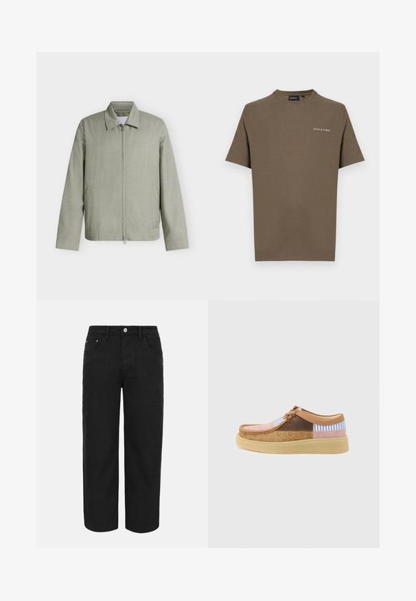 Lysegrå lynlåstrøje med krave, lange ærmer og sidelommer, vist på en ensfarvet hvid baggrund.; Brun bomuld T-shirt med korte ærmer og rund halsudskæring, med en hvid logo på venstre side af brystet.; Sorte bukser med lige ben, forrest med knap- og lynlåslukning, bæltestropper og tre forlommer på en ensfarvet lys baggrund.; Mænds afslappede snørestøvle med beige gummisål, brun læder, lysebrunt ruskind, lyserødt ruskind og blå-hvidstribet stofdetaljer.