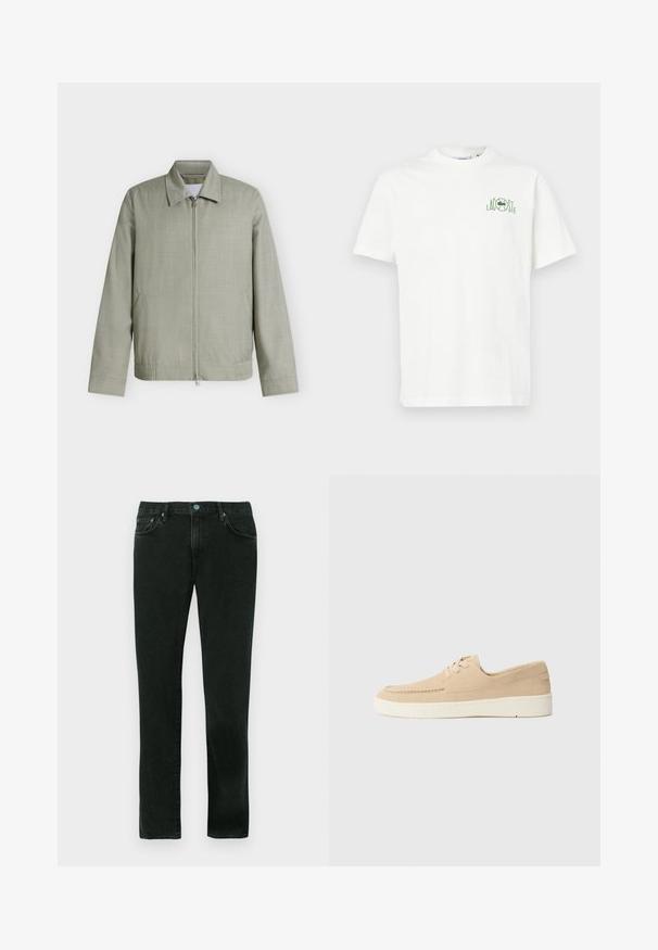Veste gris clair zippée avec col, manches longues et poches latérales, présentée sur un fond blanc uni.; T-shirt en coton blanc avec un col rond et des manches courtes. Présente un logo Lacoste vert sur la partie gauche de la poitrine. Design simple et dépouillé.; Jean en denim noir avec une coupe droite, présentant un style classique à cinq poches et des accents en métal bleu.; Chaussures en daim beige à lacets avec une semelle en caoutchouc blanche. Présentent un design cousu et une coupe basse, offrant un style simple et minimaliste.