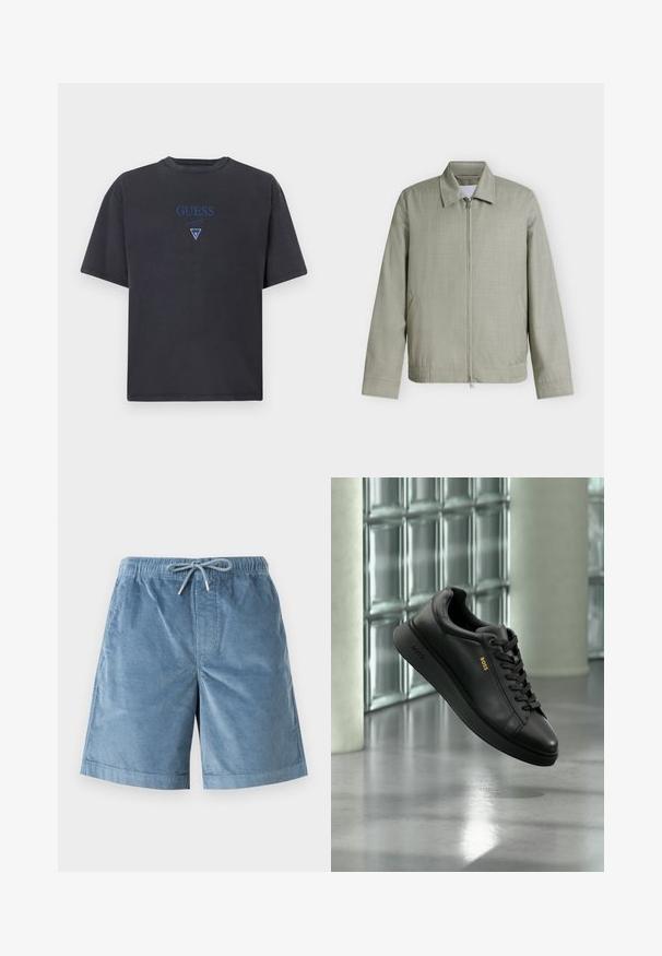 Lysegrå lynlåstrøje med krave, lange ærmer og sidelommer, vist på en ensfarvet hvid baggrund.; Mørkegrå t-shirt lavet af bomuld, med rund hals og korte ærmer. Blå broderet "GUESS" logo og trekantet detalje i midten.; Blå manchestershorts med elastisk linning og snøre foran, knælængde pasform og diskret lodret ribbet struktur.; Sort læder lavtop sneaker med snørebånd, guld "BOSS" logo på siden, vist svævende indendørs mod en glasblok og beton baggrund.