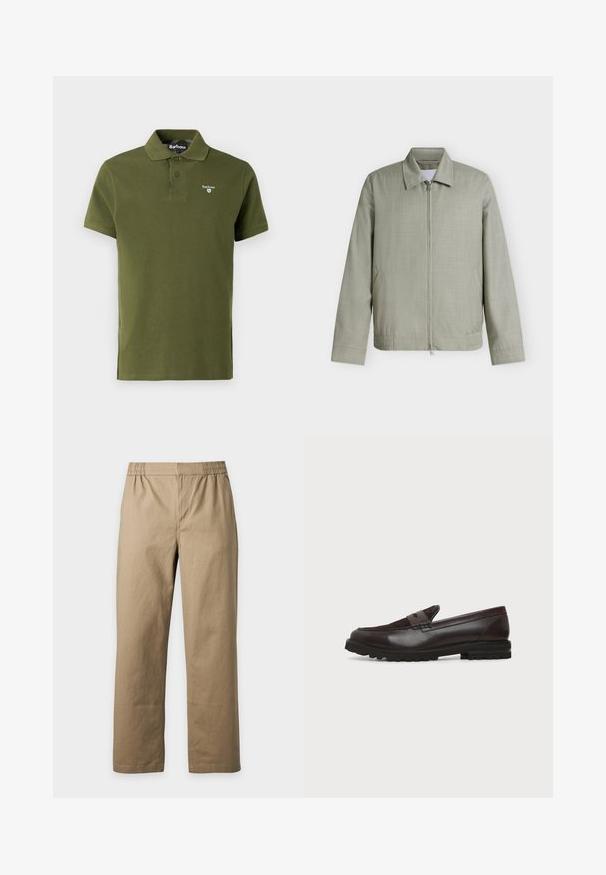 Veste gris clair zippée avec col, manches longues et poches latérales, présentée sur un fond blanc uni.; Polo olive en coton, avec un col classique, deux boutons, des manches courtes et un petit logo brodé sur la poitrine.; Pantalon beige à taille élastique et jambes droites en tissu uni, présenté sur un fond gris clair.; Mocassin penny en cuir et daim marron foncé avec semelle épaisse en caoutchouc noir, profil latéral sur fond blanc.