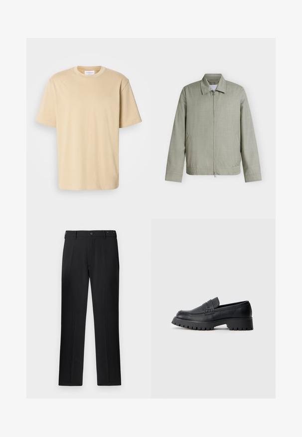 Chaqueta gris clara con cremallera, con cuello, mangas largas y bolsillos laterales, presentada sobre un fondo blanco simple.; Camiseta de manga corta beige, hecha de una tela suave. Presenta un escote redondo y un corte relajado sin patrones ni acentos visibles.; Pantalones negros con un diseño de pierna recta, cierre de botón y trabillas para cinturón, con una textura suave y sin patrones ni acentos visibles.; Mocasines de cuero negro con punta redondeada, que presentan una correa decorativa y una suela de goma gruesa con surcos profundos para mayor tracción.