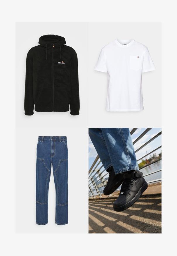 Sort fleece zip-up hoodie med hætte, snore og et lille logo på brystet. Tekstureret stof med sidelommer.; Hvid bomulds t-shirt med rund halsudskæring, korte ærmer og en brystlomme med et lille mærke-logo på venstre side.; Blå denim jeans med lige ben, frontlappelommer og kontrasterende syninger. Stoffet har en klassisk tekstur og finish.; Sorte Nike Air Force 1 sneakers med læderoverdel, mesh-tunge og gummisål, der har et høj-top design og tykke snørebånd.