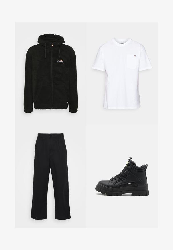 Sort fleece zip-up hoodie med hætte, snore og et lille logo på brystet. Tekstureret stof med sidelommer.; Hvid bomulds t-shirt med rund halsudskæring, korte ærmer og en brystlomme med et lille mærke-logo på venstre side.; Carhartt WIP COLSTON PANT LENEXA - Bukser - black stone; Sorte sneakers støvler lavet af tekstureret læder, med en tyk gummisål, snørebånd foran og en lille logo detalje på siden.