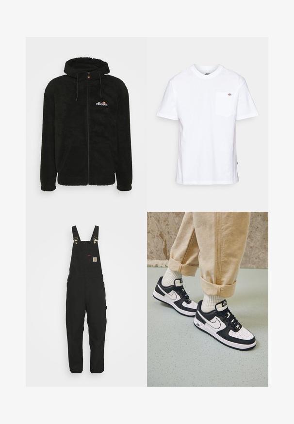 Sudadera con cremallera de forro polar negra que cuenta con capucha, cordones y un pequeño logo en el pecho. Tejido texturizado con bolsillos laterales.; Camiseta de algodón blanca con cuello redondo, mangas cortas y un bolsillo en el pecho que presenta un pequeño logotipo de la marca en el lado izquierdo.; Pantalones de tirantes de algodón negros con tirantes ajustables, un bolsillo delantero con parche de logo y dos bolsillos laterales, con un corte relajado.; Zapatillas Nike Air Force 1 en blanco y negro con parte superior de cuero, puntera perforada y detalle de suela texturizada, combinadas con pantalones beiges remangados y calcetines blancos.