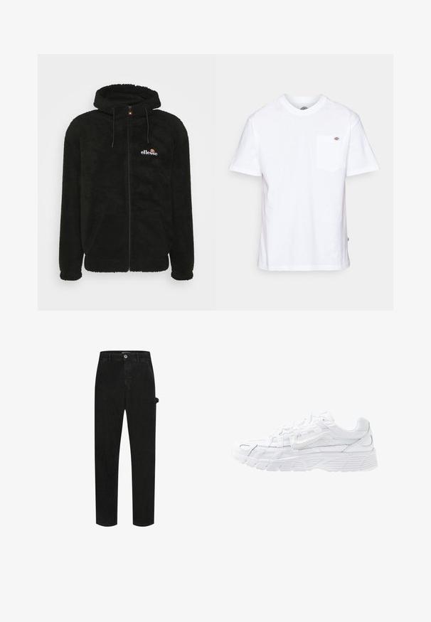 Sudadera con cremallera de forro polar negra que cuenta con capucha, cordones y un pequeño logo en el pecho. Tejido texturizado con bolsillos laterales.; Camiseta de algodón blanca con cuello redondo, mangas cortas y un bolsillo en el pecho que presenta un pequeño logotipo de la marca en el lado izquierdo.; Pantalones de mezclilla negros con diseño de cinco bolsillos, corte recto, cierre de botón y bolsillo lateral de utilidad con costuras tonalidades.; Nike Sportswear P 6000 - Zapatillas - white/platinum tint