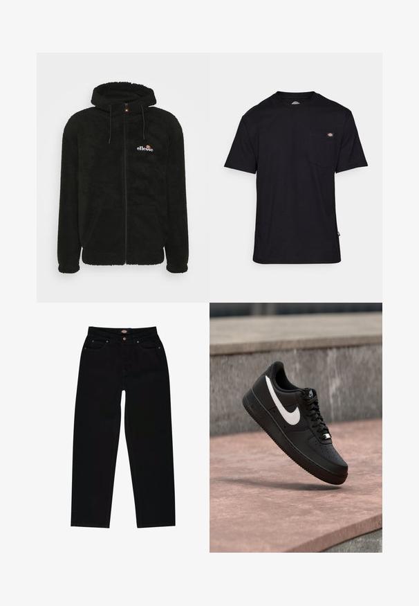 Sudadera con cremallera de forro polar negra que cuenta con capucha, cordones y un pequeño logo en el pecho. Tejido texturizado con bolsillos laterales.; Camiseta de algodón negra con cuello redondo clásico, mangas cortas, bolsillo en el pecho delantero y un parche de logo cerca de la costura del bolsillo. Textura suave.; Vaqueros de mezclilla negra con corte recto, que cuentan con cinco bolsillos, costuras marrones y cierre de cremallera. Textura suave y material duradero.; Zapatilla Nike Air Force 1 negra con el logo de la marca en blanco, flotando sobre una superficie de piedra y un fondo de pared gris texturizada.
