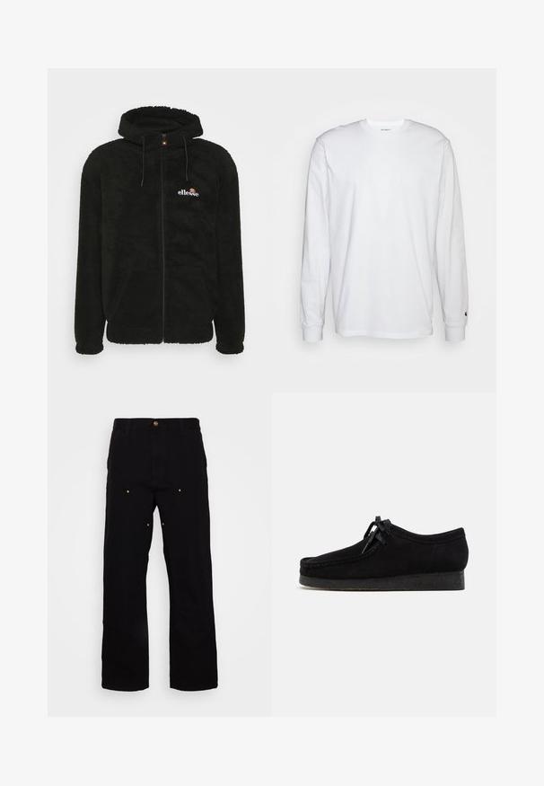 Sort fleece zip-up hoodie med hætte, snore og et lille logo på brystet. Tekstureret stof med sidelommer.; Hvid langærmet T-shirt lavet af bomuld. Rund halsudskæring med ribbede manchetter og et lille logo på venstre ærme. Glat tekstur.; Sorte denimbukser med lige ben, udstyret med guld hardware-detaljer og synlige syninger på for- og baglommer.; Sorte ruskindsko med rund tådesign, snørebånd foran og en struktureret sort gummisål. Glat overflade med diskret syningsdetalje.