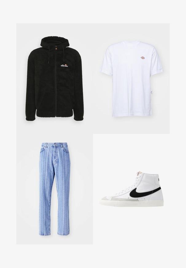 Sort fleece zip-up hoodie med hætte, snore og et lille logo på brystet. Tekstureret stof med sidelommer.; Hvid bomulds t-shirt med v-hals og korte ærmer. Har et lille farverigt broderet logo på venstre bryst. Blød tekstur.; Lysblå denimjeans med lodrette hvide striber, lige pasform, femlomme-stil og knaplukning i taljen.; Hvide høje sneakers med et sort swoosh, struktureret grå tåhætte og flad hvid sål. Har seks snørrehuller og syede detaljer.