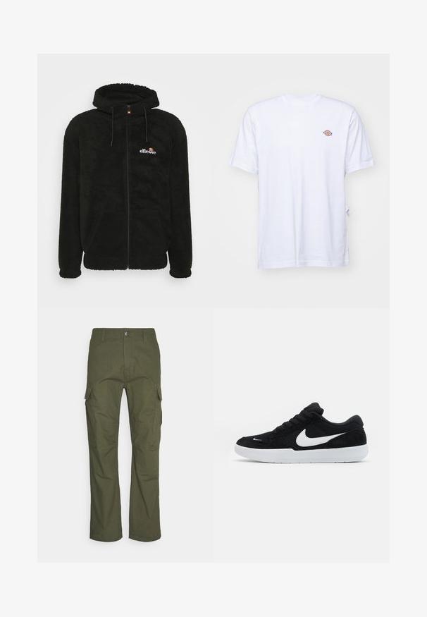 Sudadera con cremallera de forro polar negra que cuenta con capucha, cordones y un pequeño logo en el pecho. Tejido texturizado con bolsillos laterales.; Camiseta de algodón blanca con cuello en V y mangas cortas. Presenta un pequeño logo bordado de colores en el lado izquierdo del pecho. Textura suave.; Pantalones cargo en verde oliva oscuro, con múltiples bolsillos laterales, un corte recto y una tela resistente con un acabado texturizado.; Zapatillas de ante negras con acentos blancos, con una puntera redondeada, suela blanca gruesa y cordones negros. Logotipo de Nike en blanco prominente en el costado.