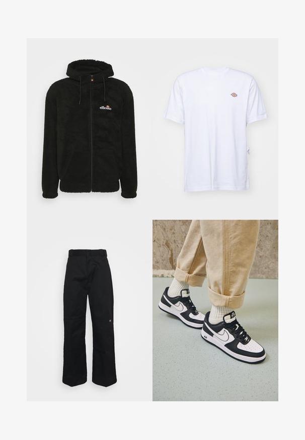 Sort fleece zip-up hoodie med hætte, snore og et lille logo på brystet. Tekstureret stof med sidelommer.; Hvid bomulds t-shirt med v-hals og korte ærmer. Har et lille farverigt broderet logo på venstre bryst. Blød tekstur.; Sorte bukser lavet af robust stof, med lige ben, bæltestropper og en lille logo på den nederste side.; Sorte og hvide Nike Air Force 1 sneakers med læderoverdel, perforeret tå og tekstureret såldetalje, båret med rullede beige bukser og hvide sokker.
