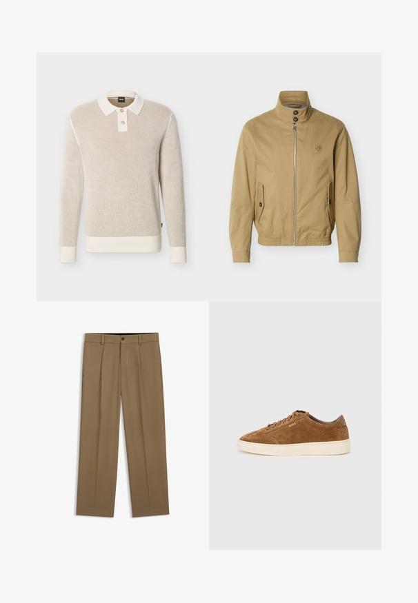 Veste beige à fermeture éclair avec col montant, deux poches avant à boutons, ourlet élastique et petit logo brodé sur la poitrine gauche.; Pull polo beige en maille texturée à manches longues avec col blanc, deux boutons, poignets et ourlet côtelés.; Pantalon droit marron avec passants de ceinture, bouton sur le devant et fermeture éclair, présenté à plat sur fond blanc.; Baskets en daim marron avec bout rond, semelle en caoutchouc crème et lacets ton sur ton. Présentent un logo en relief sur le côté et un panneau arrière lisse.