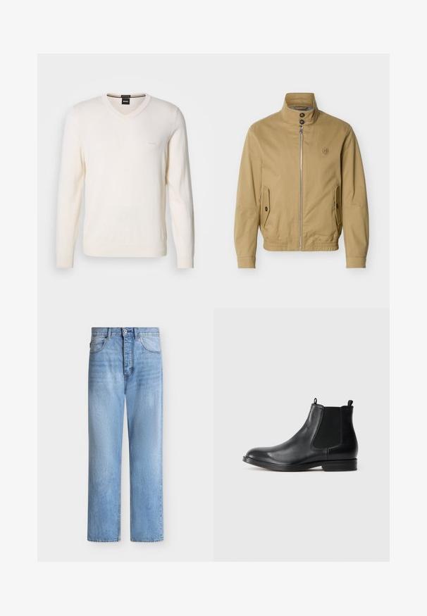 Beige lynlåsjakke med opretstående krave, to forlommer med knaplukning, elastisk kant og lille broderet logo på venstre bryst.; V-hals sweater i off-white, lavet af blødt strikstof. Har lange ærmer og diskret logo-broderi på venstre bryst.; Lyseblå straight-leg denim jeans med knap- og lynlåslukning, for- og baglommer samt bæltestropper i taljen.; Sorte læder Chelsea støvler med elastiske sidepaneler, rund tå, trækstrop og en lav blokhæl. Glat tekstur og minimalistisk design.