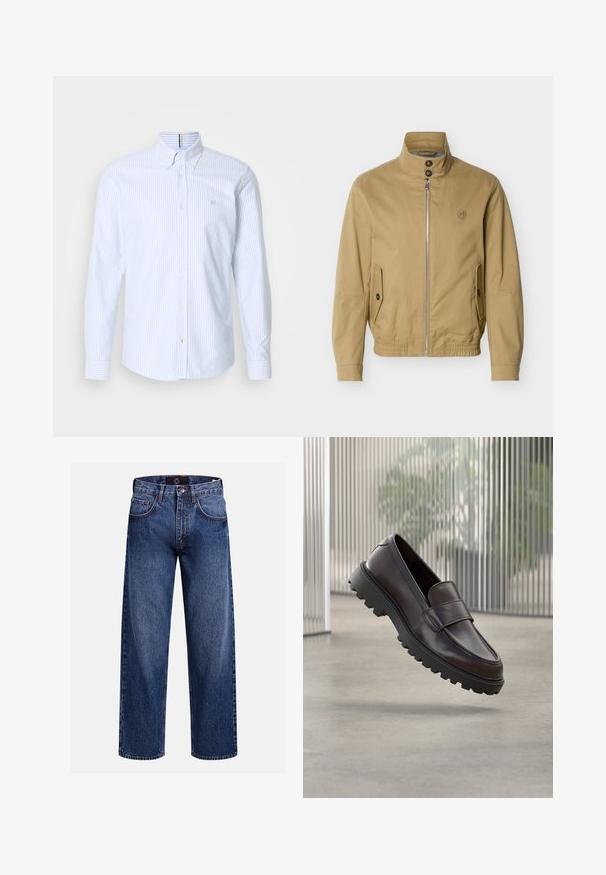 Beige Jacke zum Reißverschluss mit Stehkragen, zwei vorderen Taschen mit Knöpfen, elastischem Saum und kleinem gesticktem Logo auf der linken Brust.; Blau-weiß gestreifte Langarmknopfleiste mit Kragen, mit einem kleinen Logo auf der Brust und Knopfverschluss. Aus Baumwollmaterial.; Weiter geschnittene Jeans aus dunkelblauem Denim, mit Reißverschluss, fünf Taschen und kontrastierenden Nähten für zusätzliche Details und Textur.; Brauner Leder-Schlupfschuh mit abgerundetem Zehenbereich und einer robusten schwarzen Gummisohle. Verfügt über einen dekorativen Riemen über dem Spann.