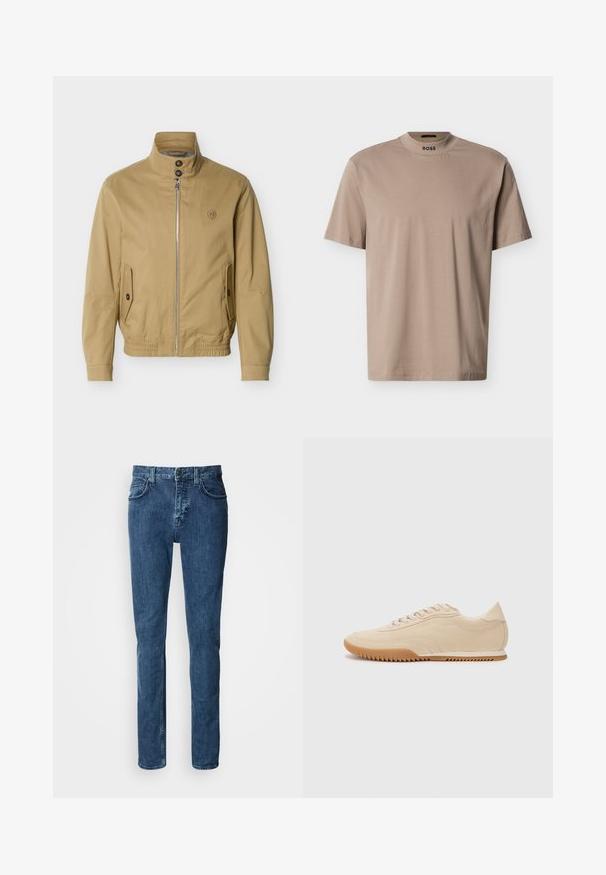 Beige jas met ritssluiting, opstaande kraag, twee voorzakken met knopen, elastische zoom en een klein geborduurd logo op de linkerborst.; Beige T-shirt met korte mouwen en een hoge ronde hals, met "BOSS"-logo op de kraag. Gemaakt van zachte stof met een gladde textuur.; Donkerblauwe denim jeans met een recht pijpdesign, voorzien van zijzakken, een ritssluiting en subtiele stikseldetails.; Beige suede sneakers met een gestroomlijnd ontwerp, voorzien van een textuur bovenwerk, ronde neus en een rubberen zool met een zigzagpatroon.