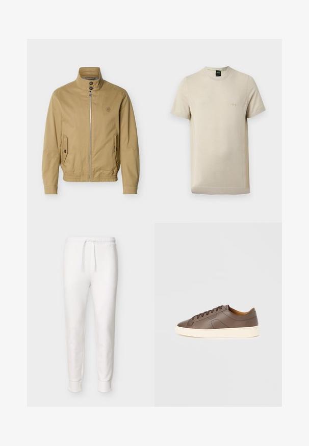 Veste beige à fermeture éclair avec col montant, deux poches avant à boutons, ourlet élastique et petit logo brodé sur la poitrine gauche.; T-shirt beige à manches courtes avec col rond, texture subtile et petit logo "BOSS" en relief sur la poitrine gauche.; Pantalon jogger blanc à coupe slim avec taille élastique et cordon de serrage, poignets côtelés aux chevilles, présenté sur un fond uni.; Baskets en cuir marron à texture lisse, semelle extérieure crème contrastante, bout arrondi et lacets marron foncé ; présente un logo discrètement embossé.