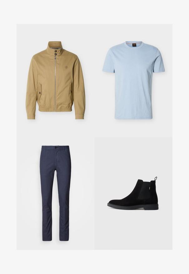 Beige jas met ritssluiting, opstaande kraag, twee voorzakken met knopen, elastische zoom en een klein geborduurd logo op de linkerborst.; Lichtblauw T-shirt met korte mouwen en ronde hals, met subtiel "BOSS"-logo op de borst en een zwart label met een oranje "BOSS"-etiket aan de binnenkant van de kraag.; Donkerblauwe broek in een slim fit met een subtiel textuurpatroon, voorzien van een knoopsluiting en traditionele zakken. Glad stoffen afwerking.; Zwarte suède Chelsea laarzen met elastische zijpanelen, ronde neus en een lage rubberen zool. Beschikt over een trekband aan de achterkant voor eenvoudig aan- en uittrekken.