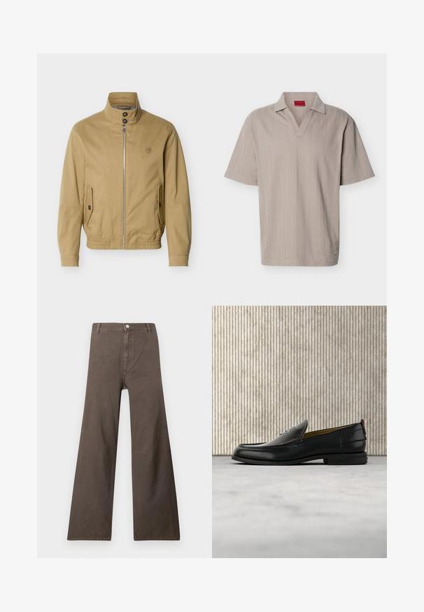 Veste beige à fermeture éclair avec col montant, deux poches avant à boutons, ourlet élastique et petit logo brodé sur la poitrine gauche.; Polo en maille beige à manches courtes avec un motif rayé vertical texturé et un col en V ouvert.; Pantalons larges marron à taille haute, fermeture à bouton, passants de ceinture et détails de couture visibles sur les jambes.; Mocassin pour homme en cuir noir avec un dessus embossé effet croco et un petit talon, présenté de profil sur un fond neutre.