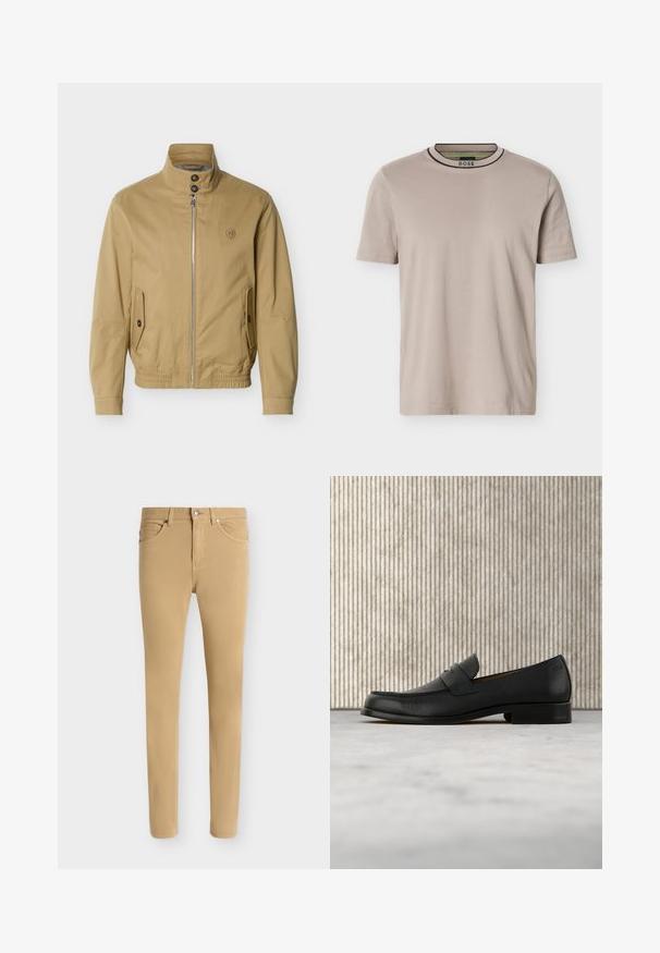 Veste beige à fermeture éclair avec col montant, deux poches avant à boutons, ourlet élastique et petit logo brodé sur la poitrine gauche.; T-shirt beige à manches courtes et col rond côtelé, avec des rayures noires et vertes sur le col et le logo "BOSS" à l'intérieur du col.; Pantalon beige slim fit avec fermeture avant boutonnée et zip, design cinq poches et passants de ceinture sur fond blanc uni.; Mocassin en cuir noir flottant au-dessus d'un tapis beige avec une table ronde brune brillante en arrière-plan.