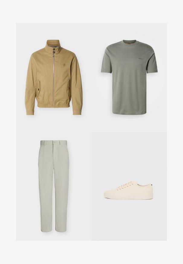 Veste beige à fermeture éclair avec col montant, deux poches avant à boutons, ourlet élastique et petit logo brodé sur la poitrine gauche.; T-shirt unisexe à manches courtes et col rond, couleur vert olive uni, avec petit logo "BOSS" brodé sur le côté gauche de la poitrine.; Pantalon beige clair à jambe droite, fermeture à bouton, passants de ceinture et plis sur le devant, présenté sur un fond blanc uni.; Baskets en toile beige avec bout arrondi, semelle en caoutchouc plate et lacets à l'avant. Présente un design minimaliste et un accent noir contrastant au niveau du talon.
