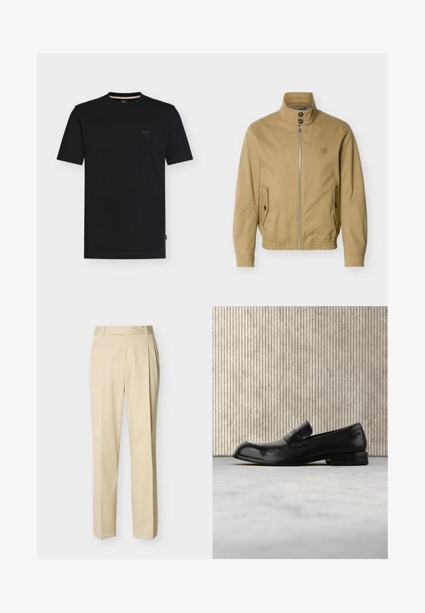 Beige Jacke zum Reißverschluss mit Stehkragen, zwei vorderen Taschen mit Knöpfen, elastischem Saum und kleinem gesticktem Logo auf der linken Brust.; Schwarzes T-Shirt mit kurzen Ärmeln und Rundhalsausschnitt sowie kleinem "BOSS"-Logo auf der linken Brust, präsentiert auf weißem Hintergrund.; Beige gerade geschnittene Hose mit Gürtelschlaufen und vorderen Falten vor hellem, einfarbigem Hintergrund.; Schwarzer Leder-Loafer mit Metallakzent, der schwebend über einem beigen Teppich präsentiert wird, im Hintergrund ein runder, bernsteinfarbener Tisch.
