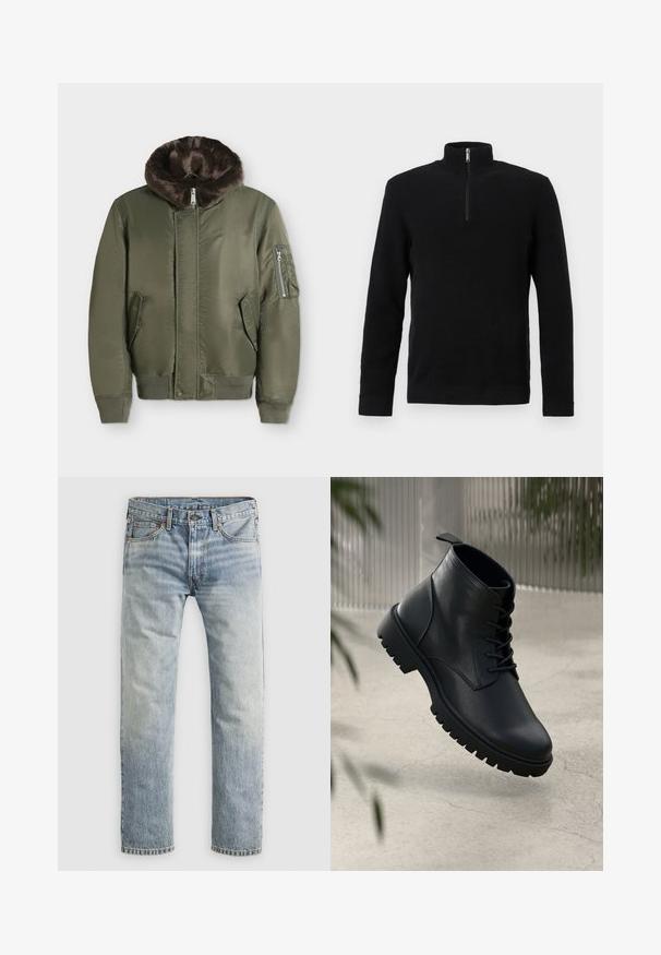 Veste bomber verte avec poignets et ourlet côtelés, poche zippée sur la manche gauche et col montant doublé en fausse fourrure marron.; Pull-over texturé noir à manches longues avec un col montant à demi-fermeture éclair et des poignets et ourlets côtelés, présenté sur un fond blanc.; Jean en denim bleu clair à jambe droite, avec fermeture à bouton, poches avant et passants de ceinture, présenté à plat sur fond blanc.; Bottines en cuir noir avec un bout rond, un laçage, et une semelle en caoutchouc robuste. Texture lisse avec une languette à l'arrière.