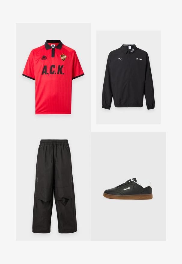 Μαύρο μπουφάν με φερμουάρ, λογότυπο Puma στο αριστερό μέρος του στήθους, λογότυπο BMW M στο δεξί μέρος του στήθους, ελαστικά μανίκια και μικρό έμβλημα στο γιακά.; Κόκκινη αθλητική φανέλα με κοντά μανίκια, μαύρο γιακά και μανσέτες, μαύρο κείμενο "A.C.K.", λογότυπο Kappa και ένα έμβλημα ασπίδας με δύο αστέρια στο στήθος.; Μαύρο παντελόνι φαρδιάς γραμμής με ελαστική μέση, εμπρόσθιες τσέπες με φερμουάρ, πάνελ στα γόνατα και διακριτικές αντανακλαστικές λεπτομέρειες στα πλάγια.; Μαύρο δερμάτινο αθλητικό παπούτσι με λευκή ταμπέλα στη φτέρνα, ελαστική σόλα καφέ χρώματος, μαύρα κορδόνια και ασημένιο λογότυπο Diadora στο πλάι και στη σόλα.