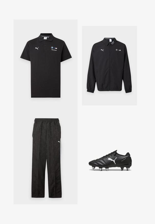 Veste noire zippée avec logo Puma sur le côté gauche de la poitrine, logo BMW M sur le côté droit, poignets élastiques et petit emblème sur le col.; Polo noir avec logo Puma sur la poitrine gauche et logo BMW Motorsport sur la poitrine droite, doté d'une patte de boutonnage à deux boutons et de manches courtes.; Pantalon de sport noir avec un motif subtil, des bandes blanches sur les côtés, une taille élastique et un logo Puma blanc sur le haut de la cuisse.; Bottes de football noires avec un matériau texturé, logo Puma blanc, fermeture à lacets et crampons en métal pour l'adhérence. Le design met l'accent sur la performance et le soutien.