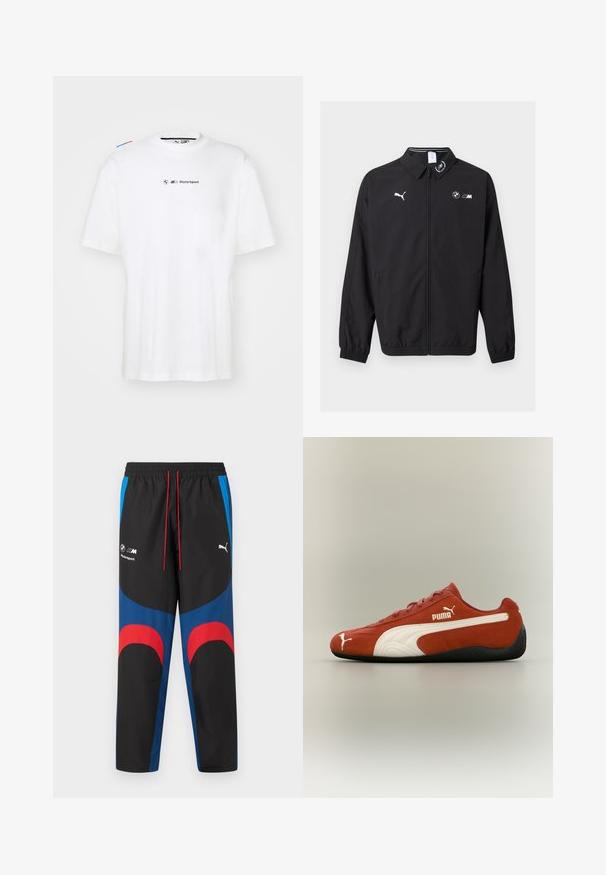 Sort lynlåstrøje med Puma-logo på venstre bryst, BMW M-logo på højre bryst, elastiske manchetter og et lille emblem på kraven.; Hvid bomulds T-shirt med korte ærmer, der har et lille "BMW Motorsport" logo i sort og farvede detaljer på skuldrene.; Sorte, blå og røde BMW Motorsport Puma træningsbukser med elastisk taljebånd, røde snore og logoer på øvre lår.; Lavprofileret rød Puma-sneaker med hvid sidebjælke, Puma-logo på siden og tåen samt sort sål på neutral baggrund.