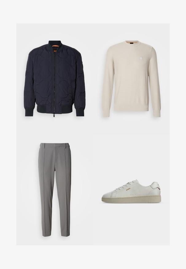 Veste bomber matelassée bleu marine avec col côtelé, fermeture éclair et deux poches latérales. Présente des motifs circulaires texturés sur le tissu.; Pull beige clair en tissu texturé. Présente un col rond, des manches longues et un petit logo carré sur la poitrine.; Calvin Klein PULL ON - Pantalon classique - pewter; Baskets blanches basses avec semelle beige, logo doré "HUGO" sur le côté et accent rouge sur la languette du talon, vues de profil.