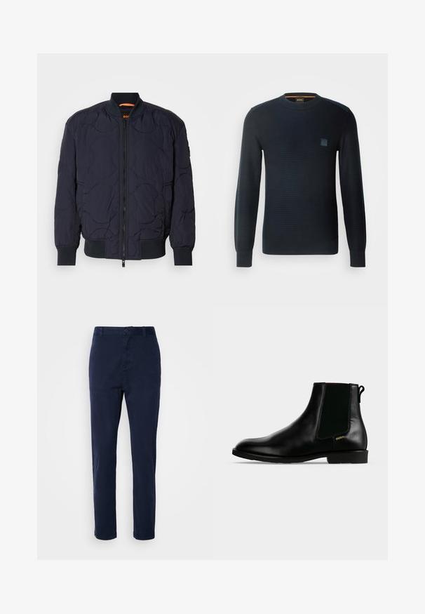 Marineblå quilted bomberjakke med ribbet krave, lynlåslukning og to sidelommer. Har strukturerede, cirkulære mønstre på stoffet.; Strikket navyblå sweater med lange ærmer, rund halsudskæring, tekstureret stof og et lille logo-patch på brystet.; Mørkeblå chinos lavet af letvægtsstof, med lige ben-design, knaplukning og sidelommer. Glat tekstur uden mønstre.; Sort læder ankelstøvle med elastisk sidelæpanel, lav hæl, trækflig bagpå og lille gyldent "HUGO" logo på ydersiden.