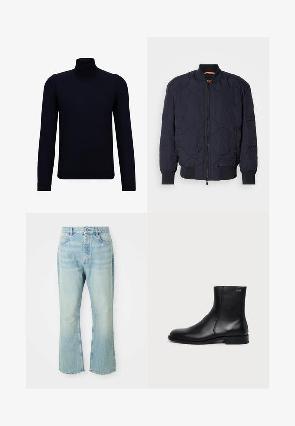 Marineblauwe gewatteerde bomberjack met een ribgebreide kraag, ritssluiting en twee zijzakken. Kenmerkt zich door textuur en cirkelvormige patronen op de stof.; Diep marineblauwe coltrui gemaakt van fijn breiwerk, met lange mouwen en een aansluitende, hoge halslijn. Geen zichtbare patronen of accenten.; Lichtblauwe denim flare jeans met een hoge taille, voorzien van vijf zakken, riemlussen en een vervaagde wastextuur.; Zwarte leren enkellaars met lage hak, zijstiksels en klein "HUGO" logo op de bovenste boord tegen een effen achtergrond.
