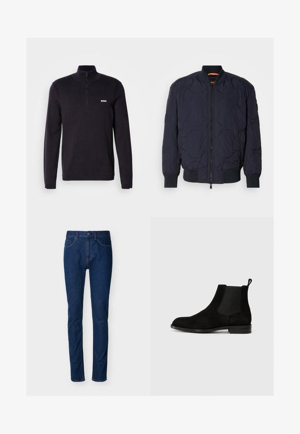 Marineblå quilted bomberjakke med ribbet krave, lynlåslukning og to sidelommer. Har strukturerede, cirkulære mønstre på stoffet.; Marineblå quarter-zip sweater fremstillet af blødt stof, med ribbet krave og manchetter, samt et lille hvidt "BOSS" logo på brystet.; Mørkeblå denimjeans med slim fit, fem-lomme design, synlige syninger og knaplukning ved taljen. Glat tekstur.; Sort ruskinds Chelsea-støvle med elastiske sidepaneler, rund tå og en pull tab. Flad sål med et diskret prægede logo på hælen.